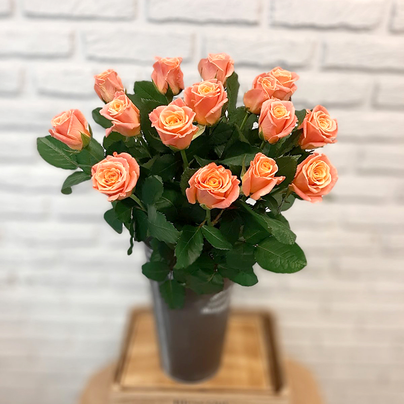 Розы поштучно. Букет из 15 коралловых роз Вау 60 см - Купить цветы