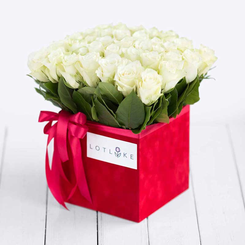 Белые розы. Букет цветов Амур в бархатной коробке - Купить цветы