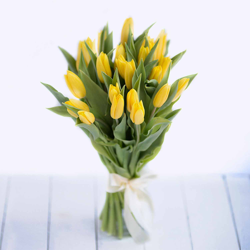 Тюльпаны поштучно. Букет из 21 желтых тюльпанов - Купить цветы