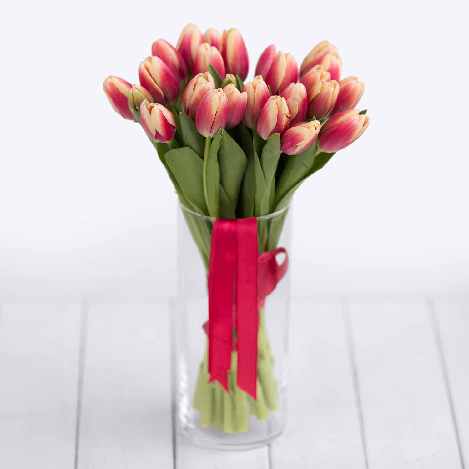 Букет из 25 красно-кремовых тюльпанов - Купить цветы