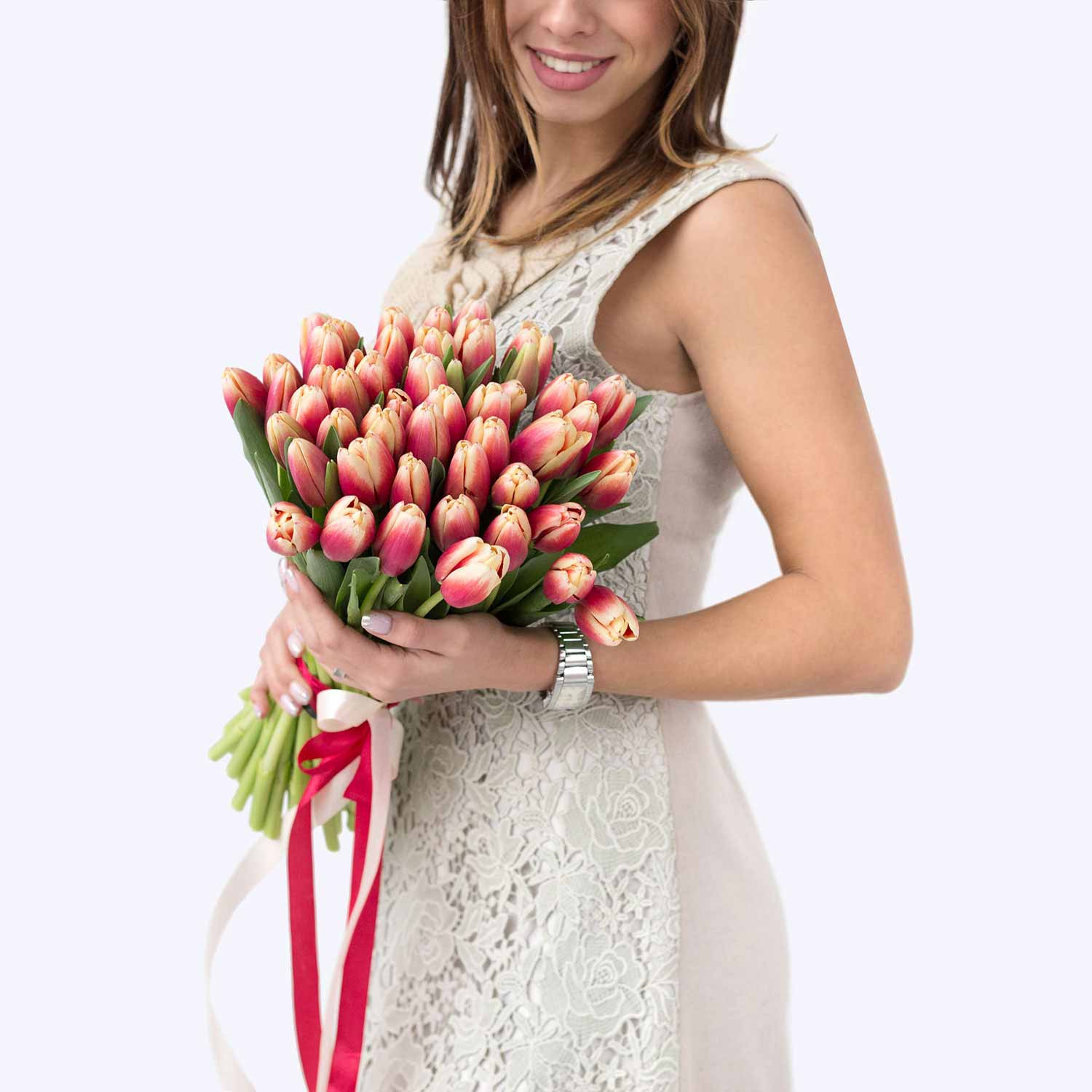 Красно-кремовые тюльпаны поштучно - Купить цветы