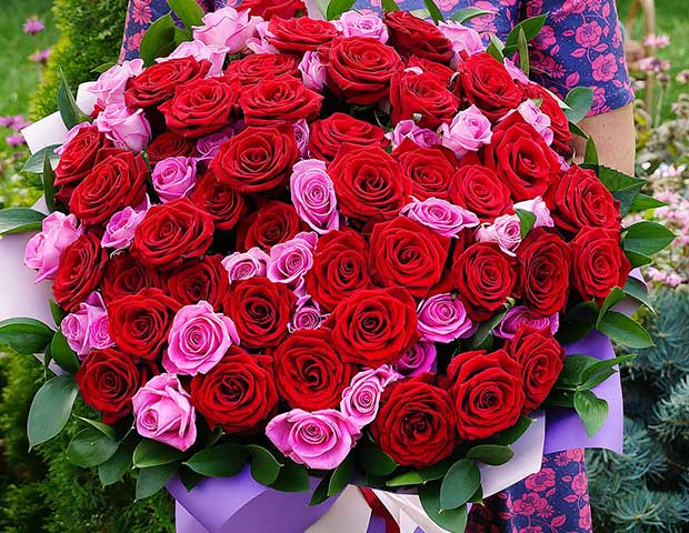 101 красная и розовая роза 60 см. Количество в букете..