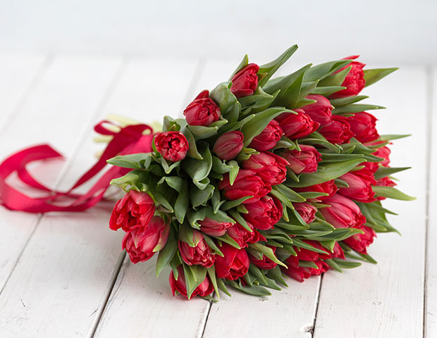 Красные пионовидные тюльпаны поштучно. Количество красных пионовидных тюльпанов в букете.